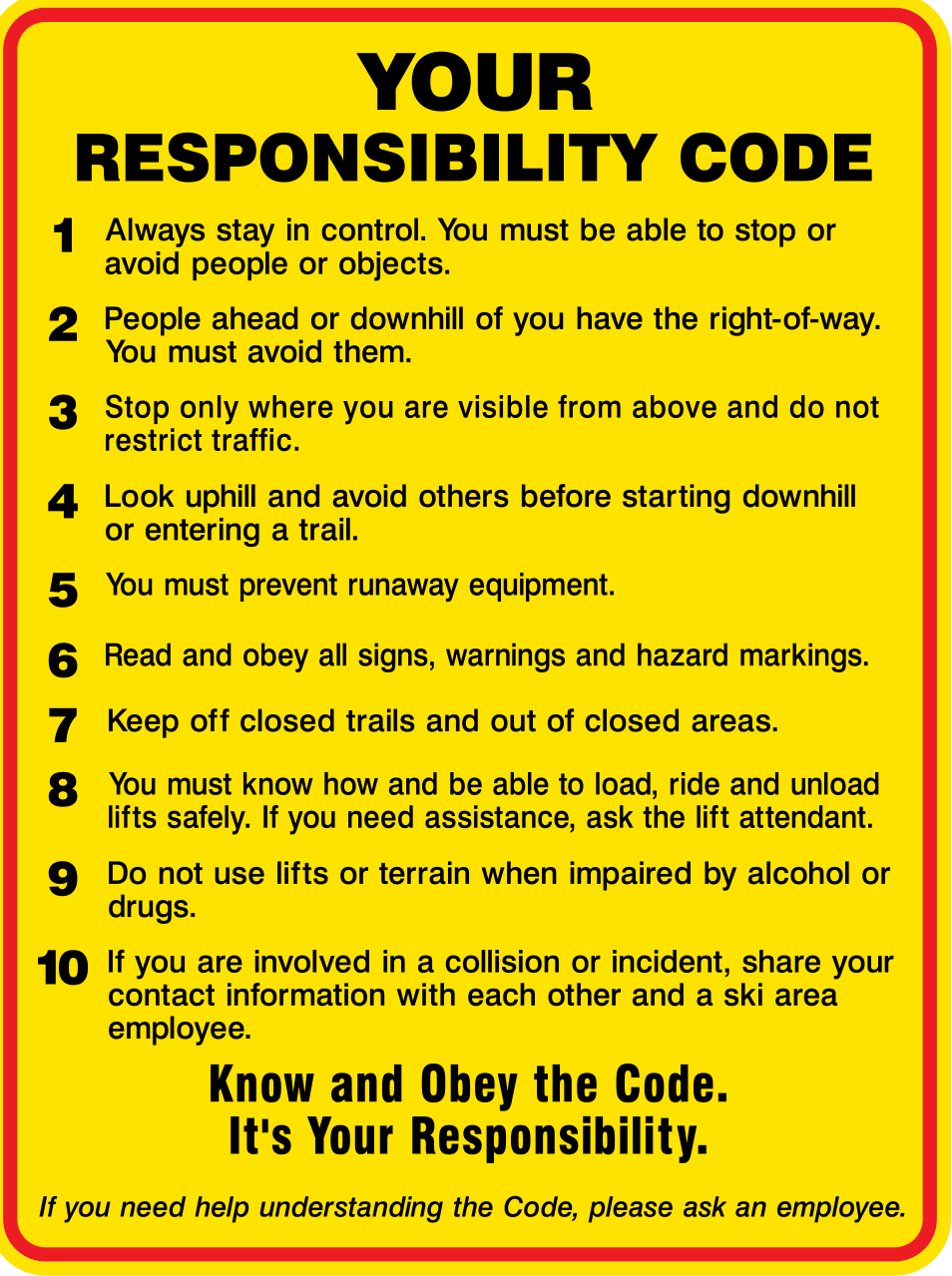 Your Responsibility Code poster from the National Ski Areas Association listing the ten points of the code