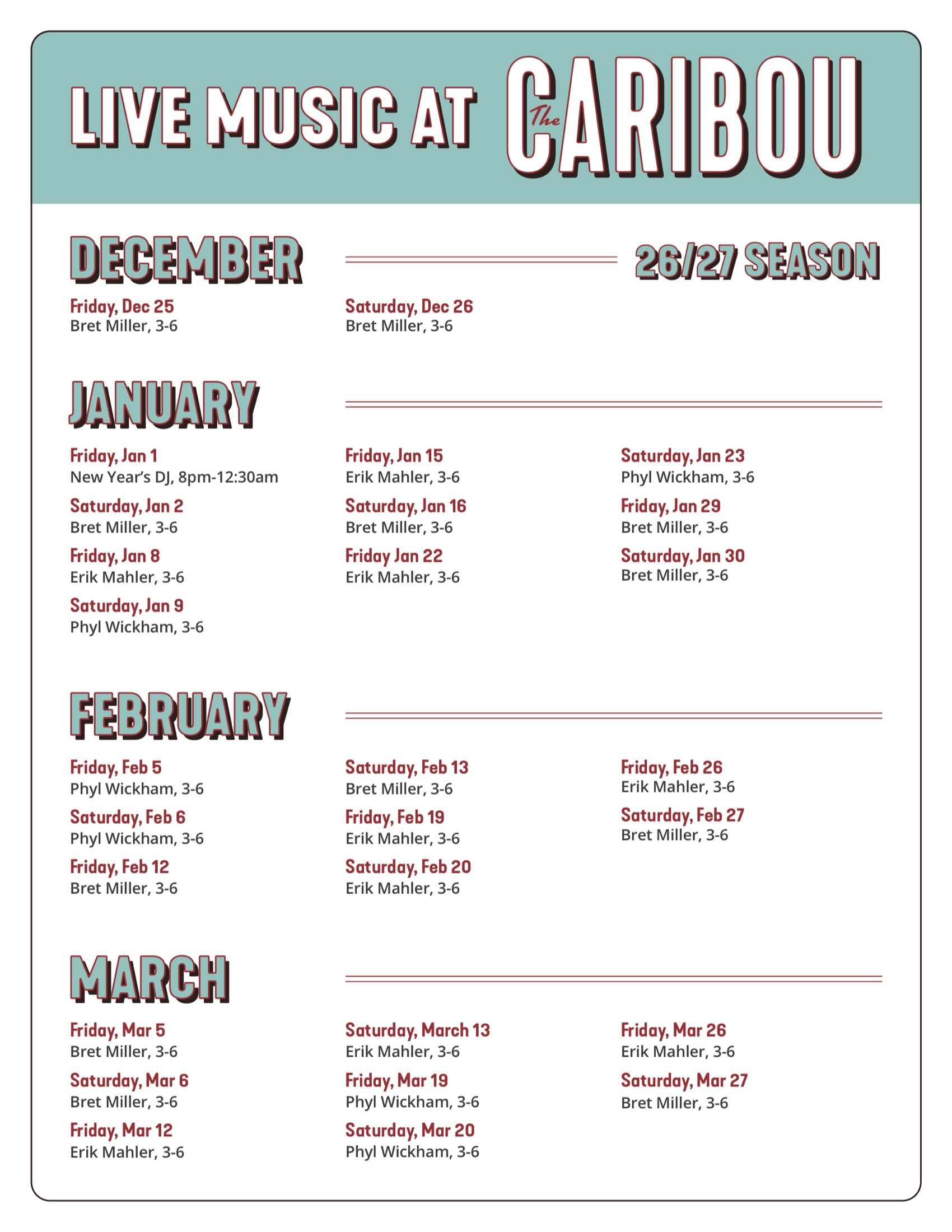 Live Music at the Caribou, 26/27 season calendar
